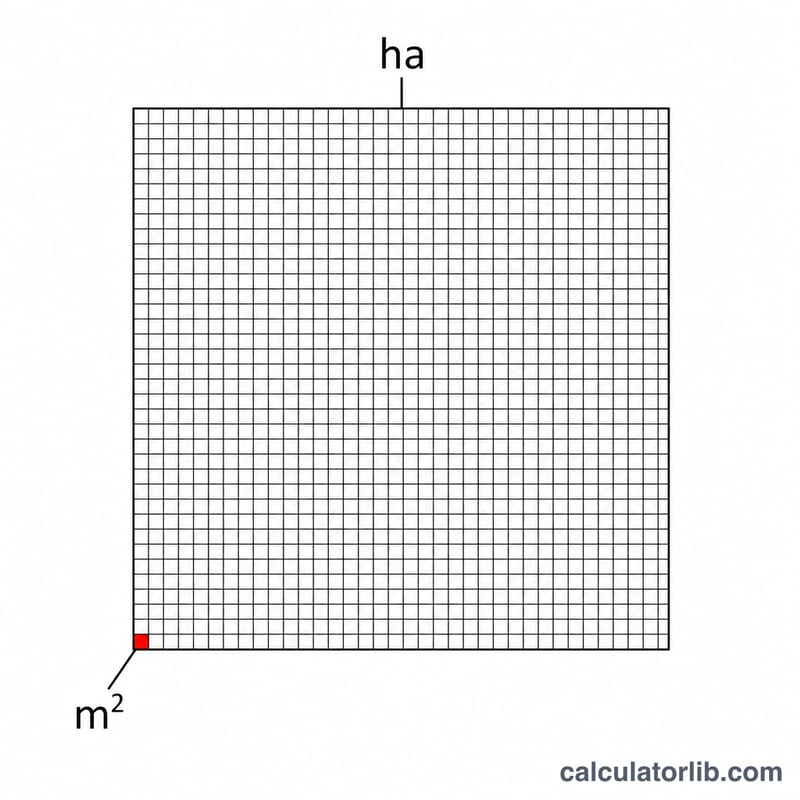 m²라고 표시된 작은 정사각형 옆에 ha라고 표시된 큰 정사각형이 있어 10,000대 1 비율을 나타냄