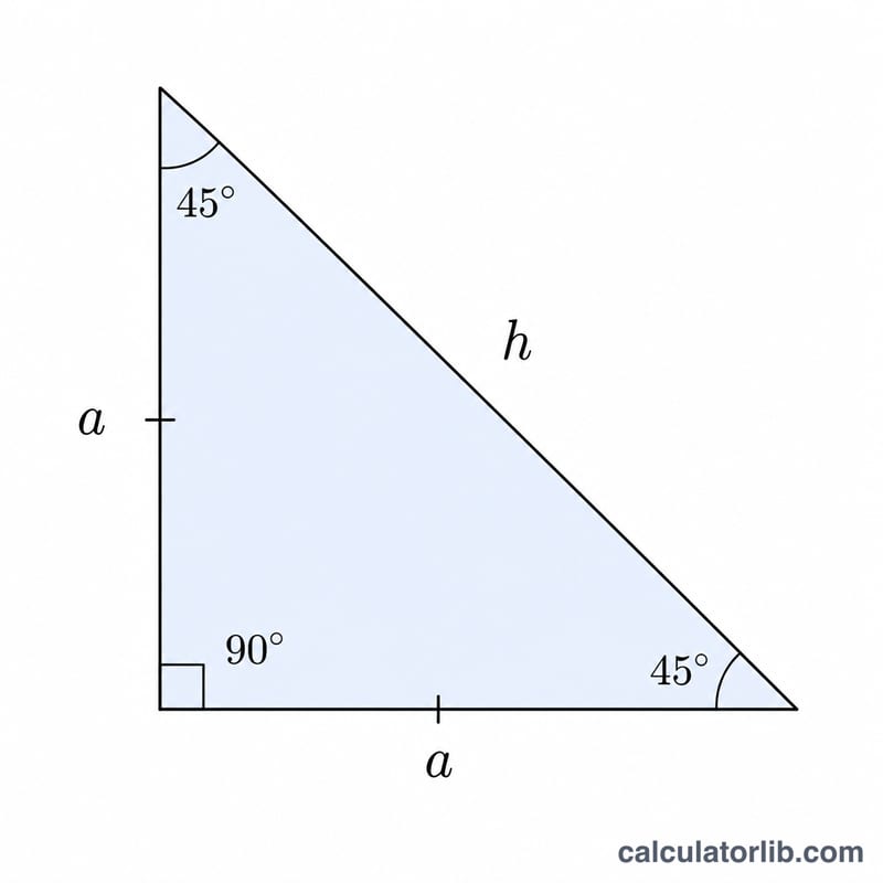 Right triangle with two equal legs, two 45 degree angles, and a 90 degree angle