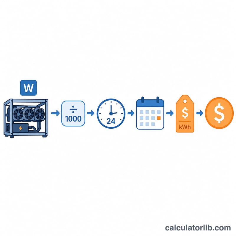 Flowchart converting rig watts, hours, days and price into total electricity cost