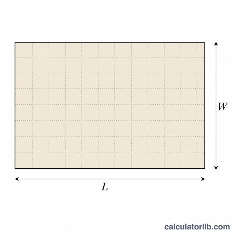 Rectangular room floor with length L and width W marked