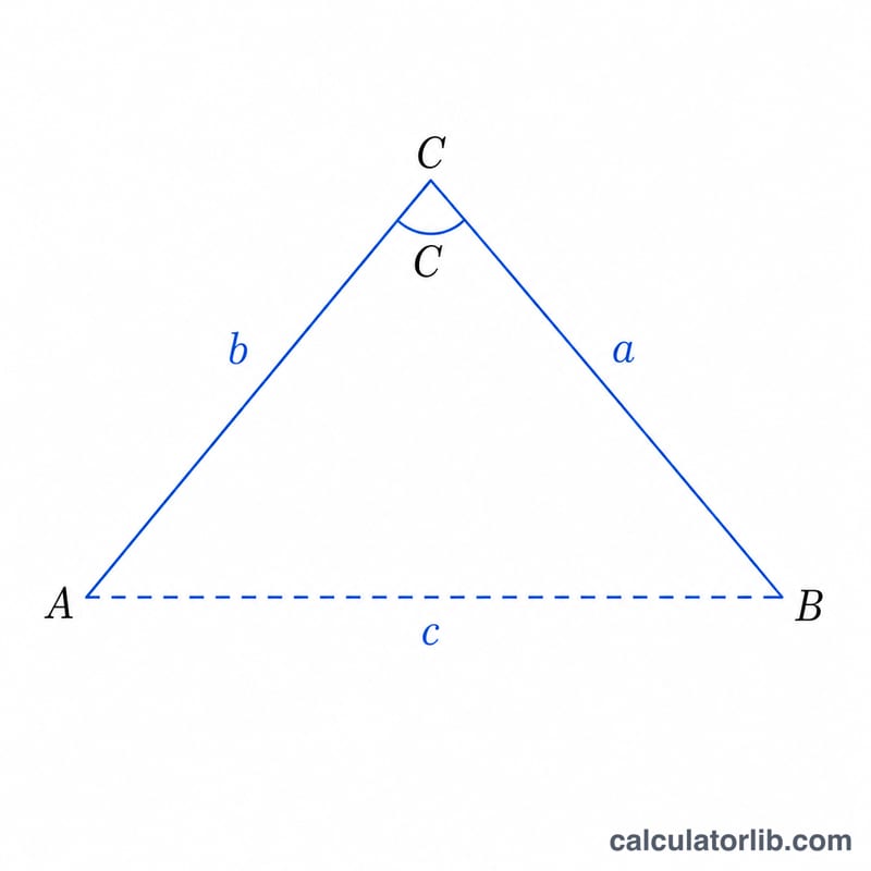 Triangle with two known sides and the included angle marked, third side unknown