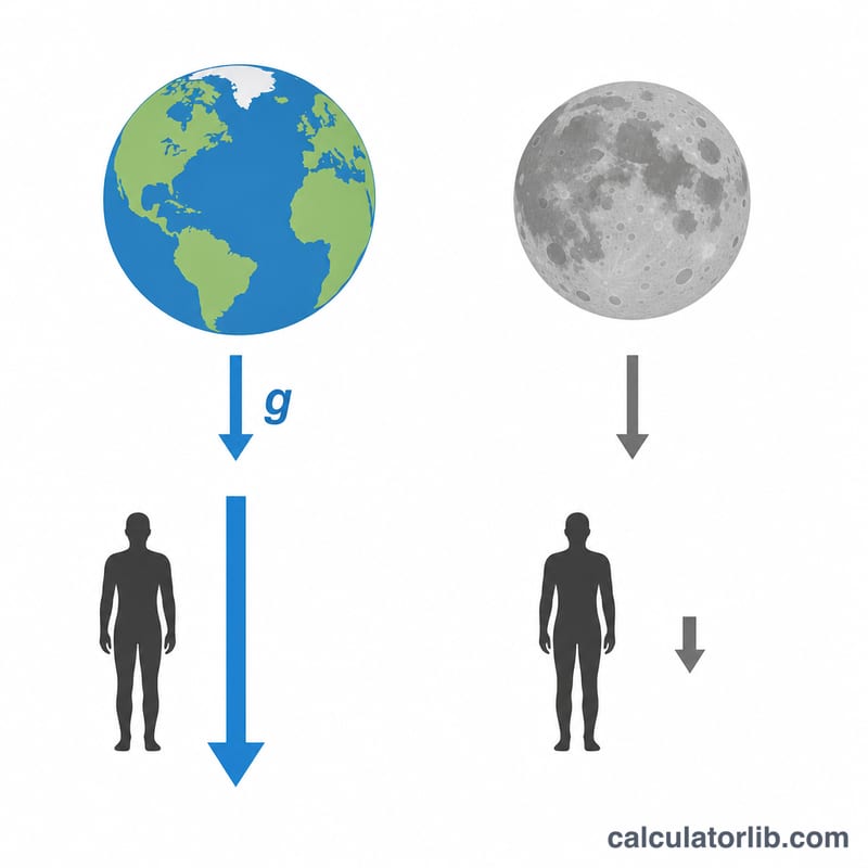 Comparison of a person's weight arrow on Earth versus a much shorter arrow on the Moon
