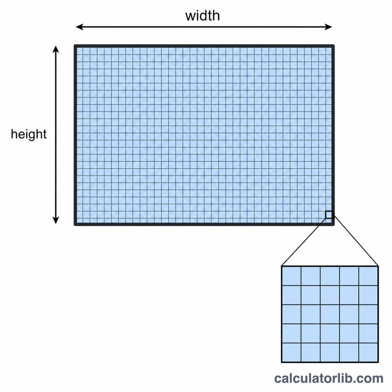 Rectangular screen with width and height arrows and a grid of pixels
