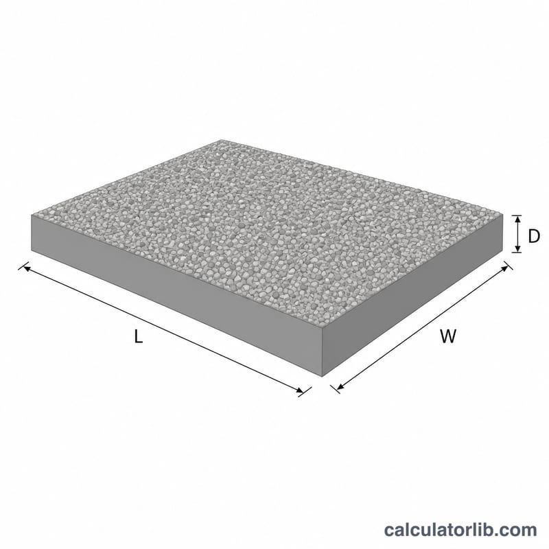 Rectangular area of crushed stone showing length, width and depth dimensions