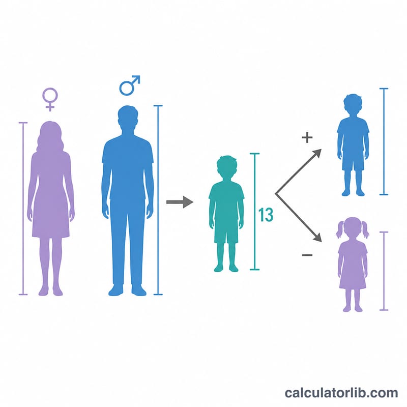 Diagram showing mother and father heights combined and adjusted to predict a child's adult height