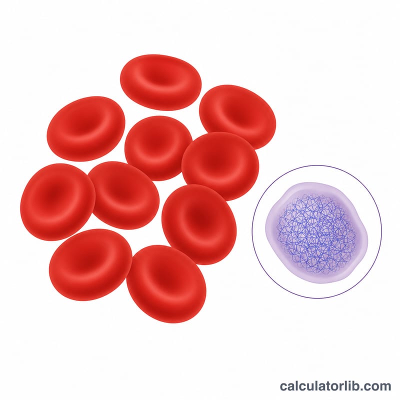 Diagram of a reticulocyte as an immature red blood cell with internal RNA mesh next to mature red blood cells