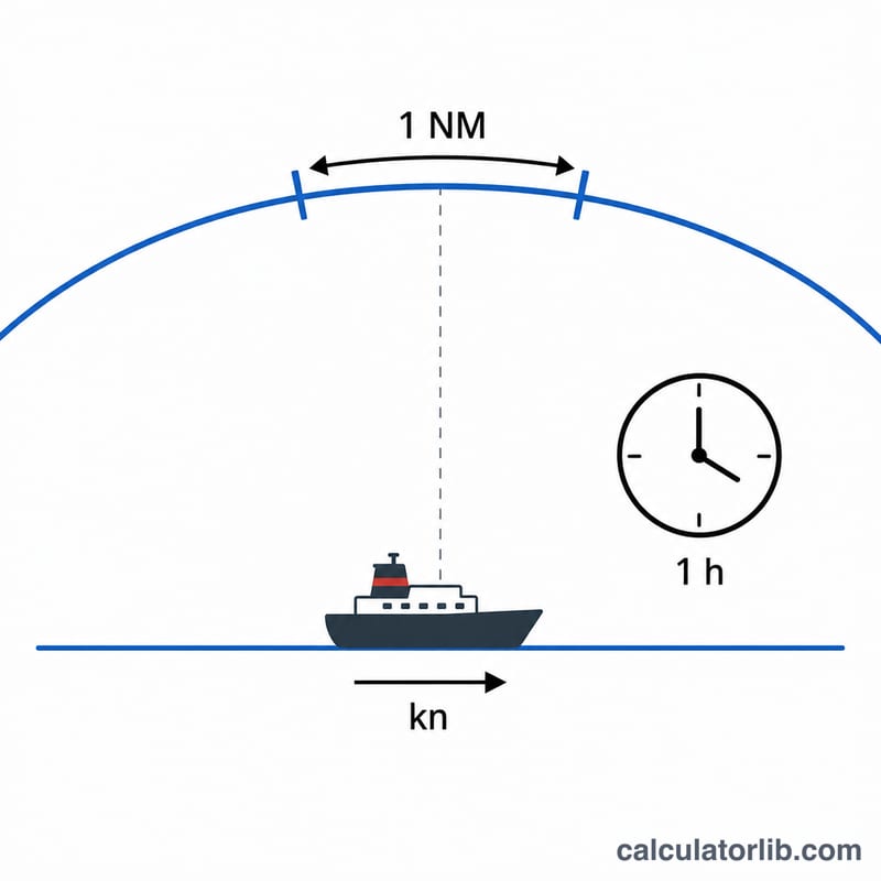 Un navire et un mille nautique représentés le long d'un arc courbe du globe avec un repère d'une heure