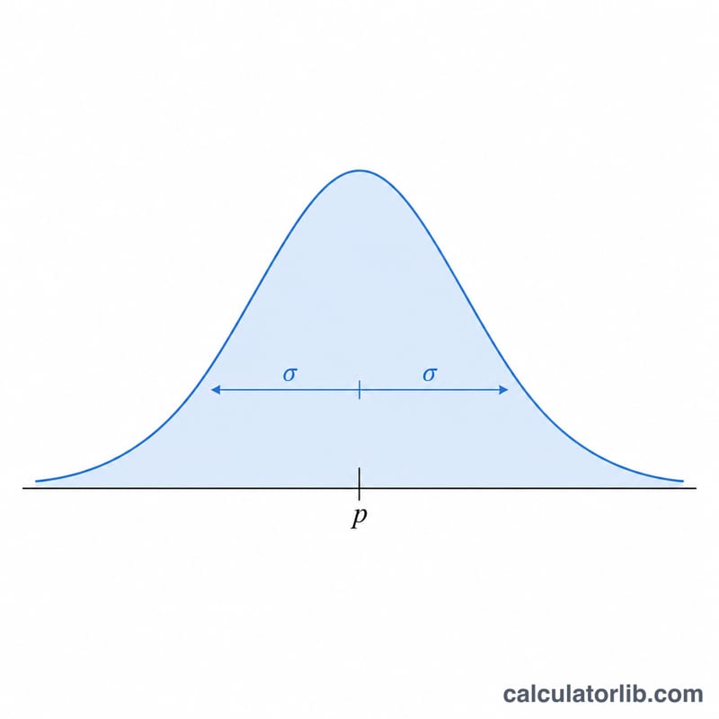 Bell-shaped sampling distribution curve centered on p with standard error spread