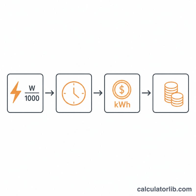 Diagram showing wattage divided by 1000, multiplied by hours and cost per kWh to give running cost