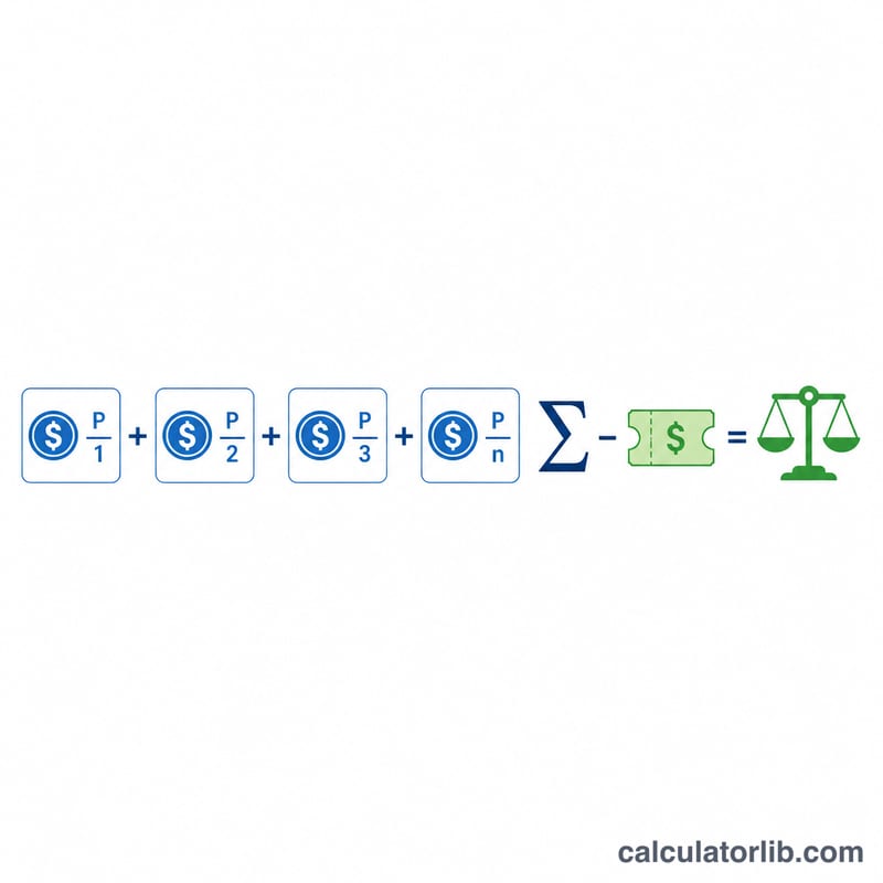 Diagram showing prize amounts multiplied by their probabilities, summed, then ticket cost subtracted to give expected value