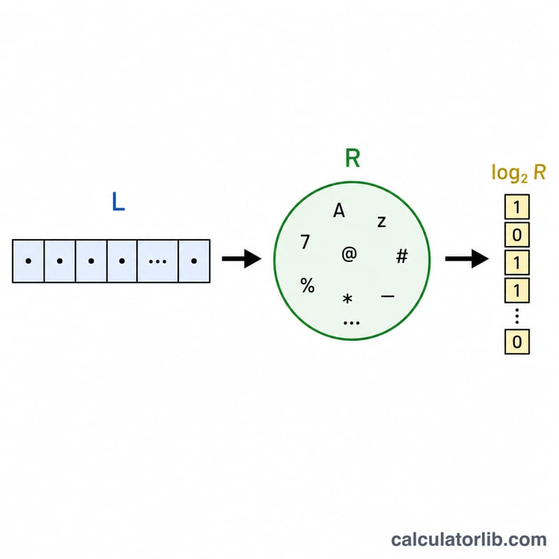 Diagram showing password length L times log base 2 of charset size R equals entropy bits