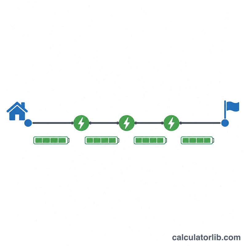 Route line from start to finish divided into equal range segments by charging stops