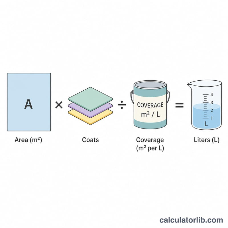 Visual breakdown of area times coats divided by coverage equals liters