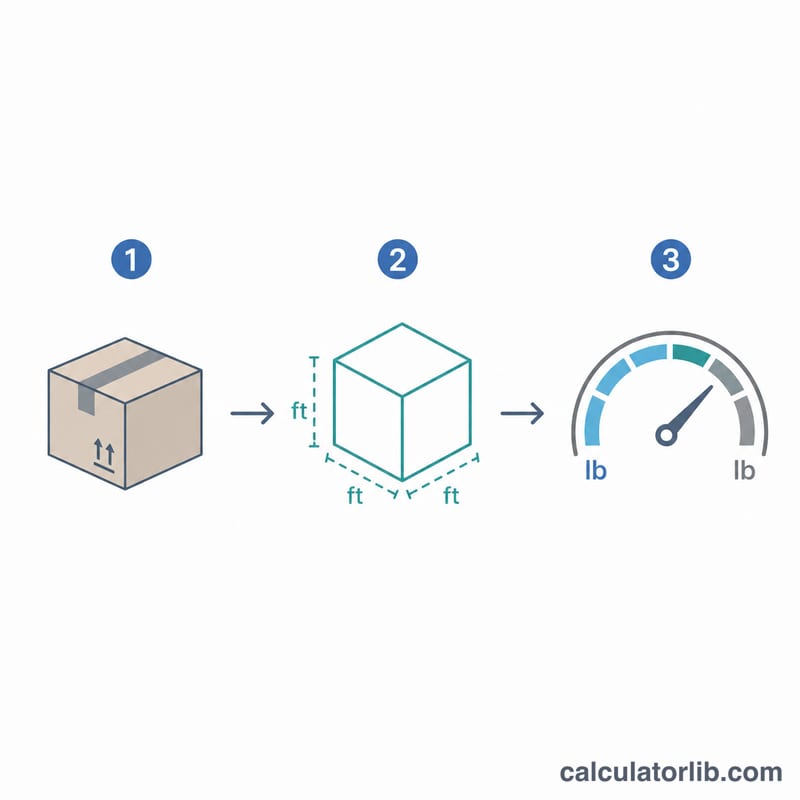 Stepwise illustration converting box dimensions to cubic feet then dividing weight to get density