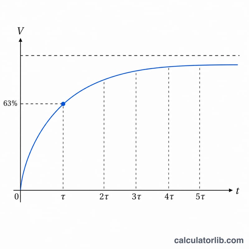 Capacitor charging curve rising toward maximum voltage with time constant markers