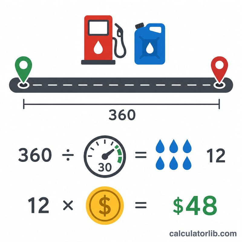 Flat infographic of a worked example trip showing gallons used and total cost