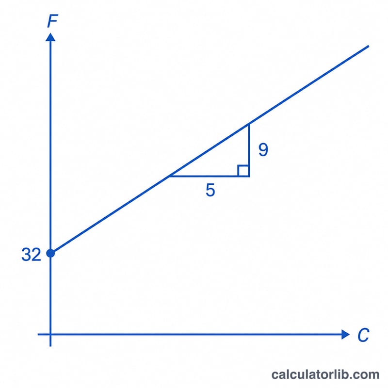 Linear relationship between Celsius and Fahrenheit with slope nine fifths and intercept thirty-two