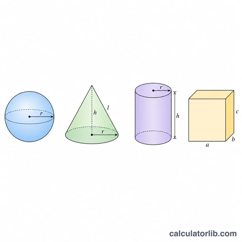 Dimension labels on sphere, cone, cylinder and box for volume and surface area formulas