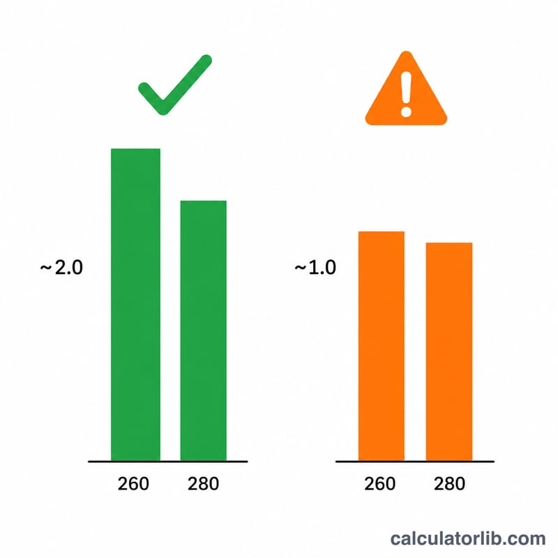 Bar comparison of pure RNA at A260/A280 ratio 2.0 versus contaminated sample with lower ratio