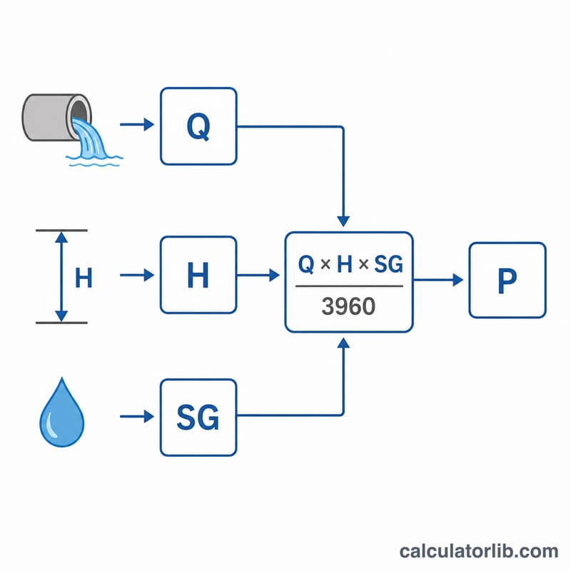 Diagram showing flow, head and specific gravity combining into water horsepower divided by 3960