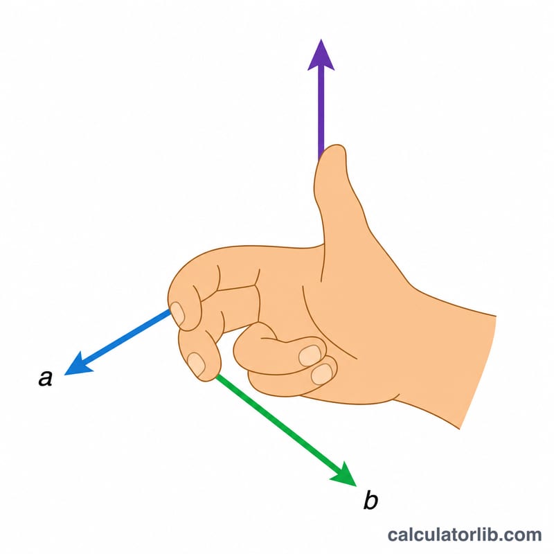 Right-hand rule showing fingers curling from a to b with thumb pointing along a cross b