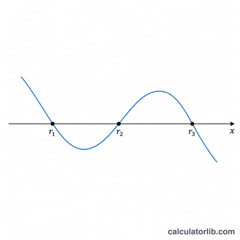 Number line marking real roots as points where the curve crosses zero
