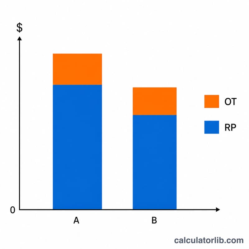 Stacked bar showing regular pay plus overtime pay equals total earnings