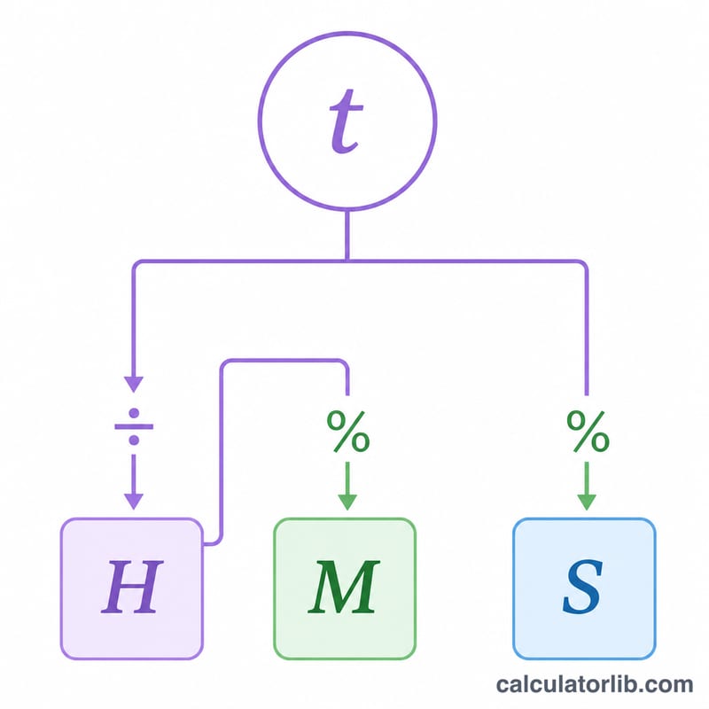 Flowchart splitting total seconds t into H, M and S using division and remainders