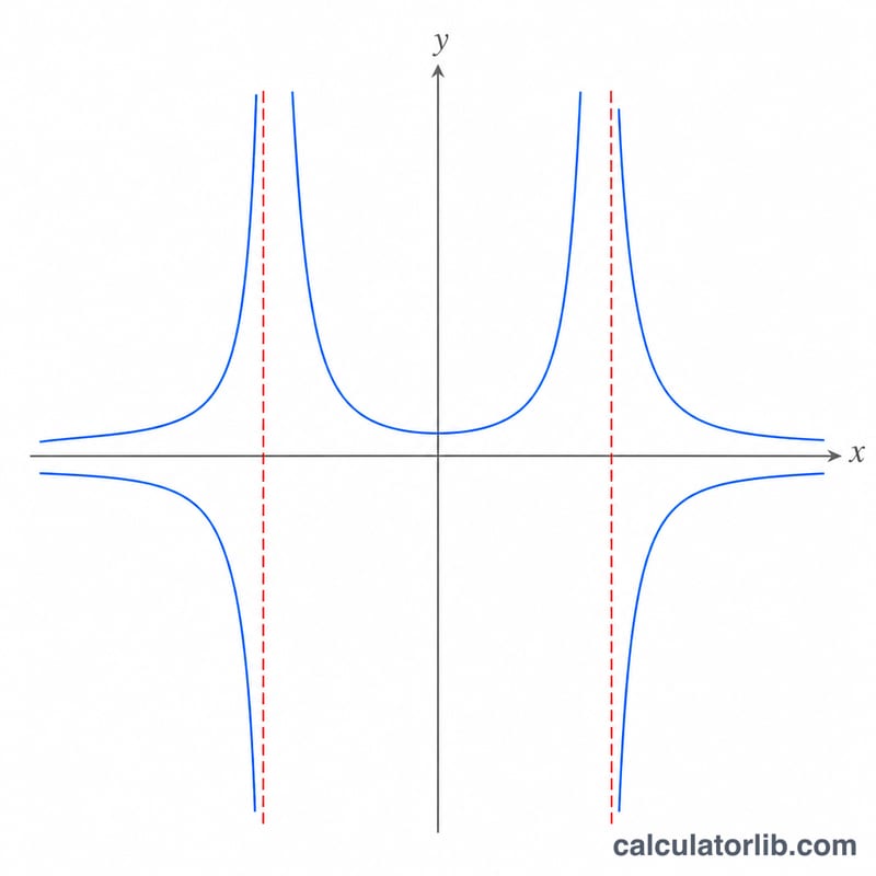 Rational function graph with two vertical dashed asymptote lines