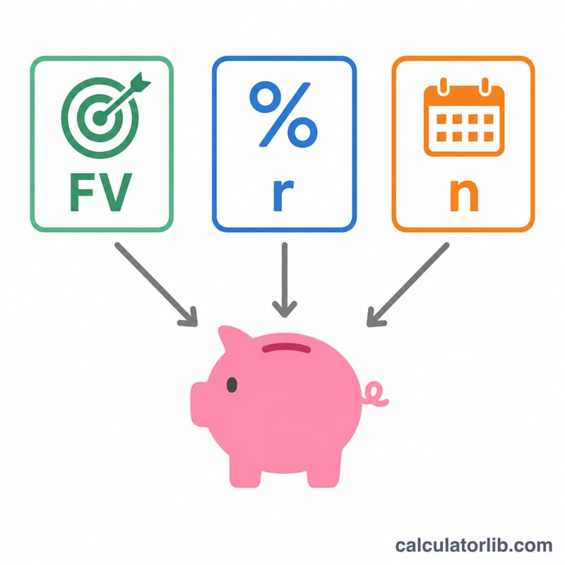 Diagram of formula variables: future value goal, monthly rate, number of months