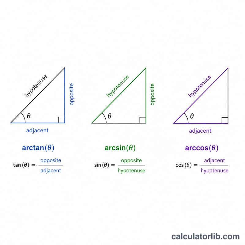 Three right triangles showing arctan, arcsin, and arccos side pairs for finding theta