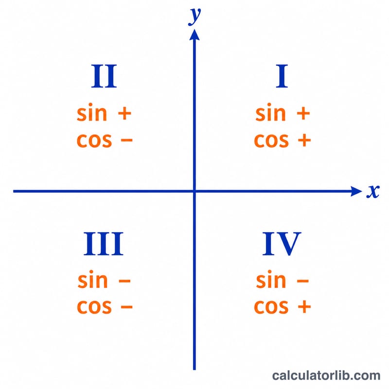 Four-quadrant chart showing the sign of sine and cosine in each quadrant