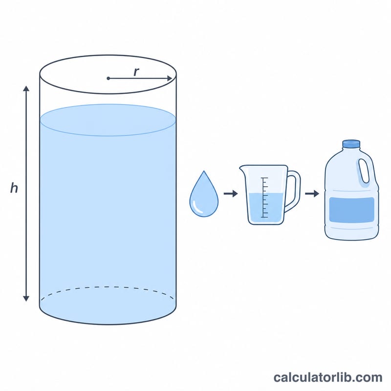 Bồn hình trụ với kích thước ví dụ và thể tích quy đổi ra lít và gallon