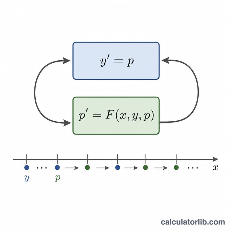 y''=Fを連立系y'=pおよびp'=F(x,y,p)に帰着させる様子を示す模式図
