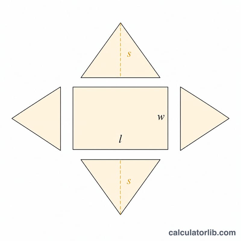 Pyramid surface area breakdown into rectangular base and four triangular faces