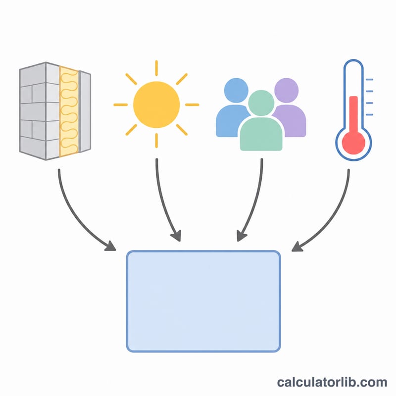 Adjustment factors for insulation, sun, occupants, and climate combining into total BTU