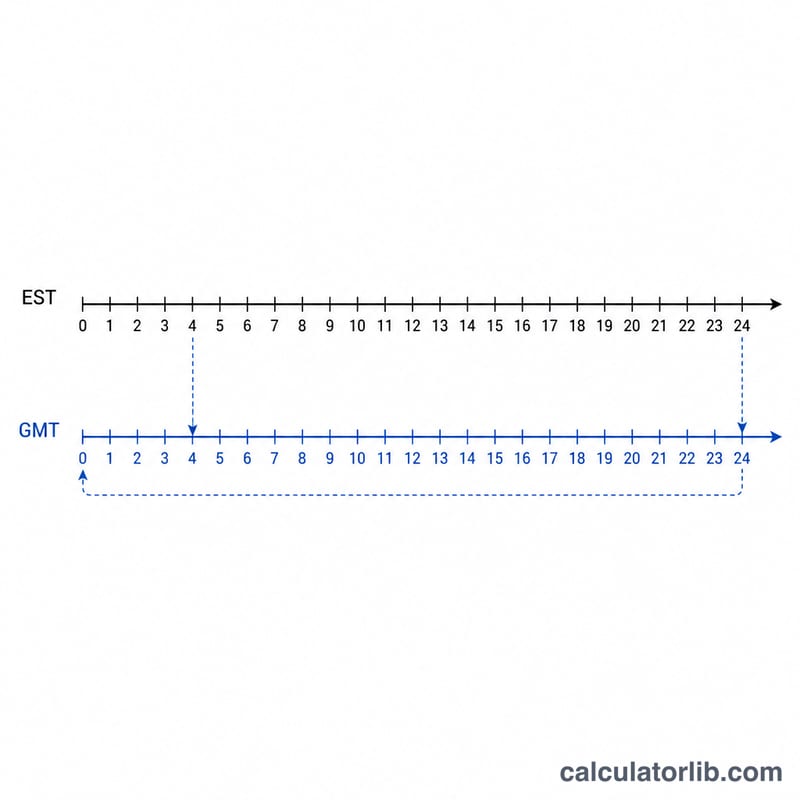 Number line showing EST hours shifted by five to GMT with wrap at 24