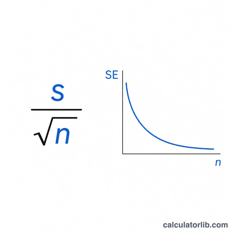 Standard error formula shown as s over square root of n with a downward trend as n grows