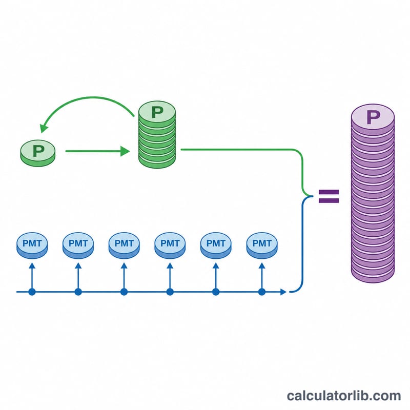 Diagram showing initial principal compounding and regular deposits added along a timeline to form a final total