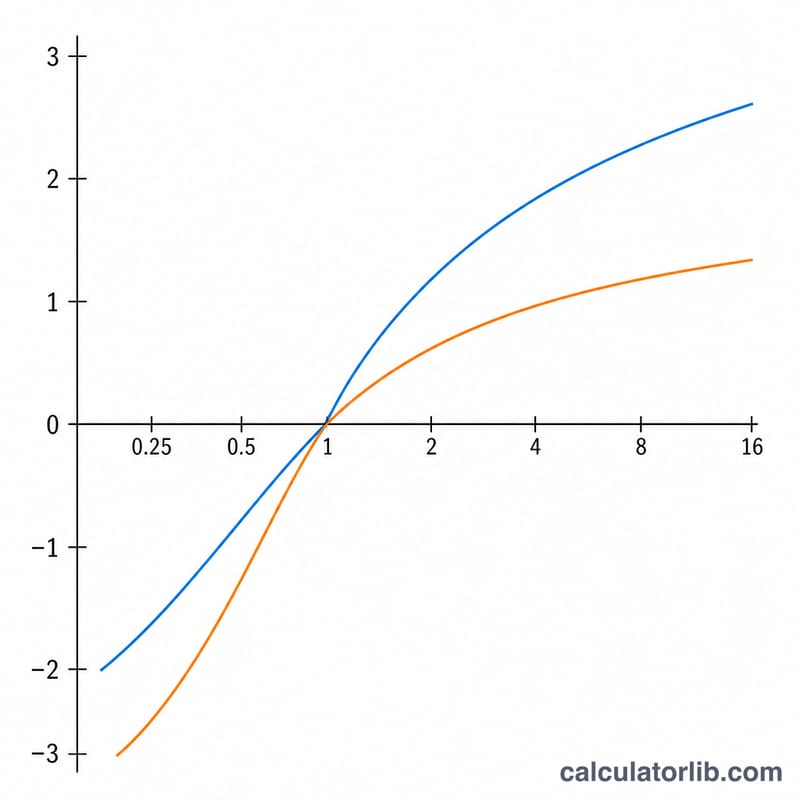 Two logarithmic curves of different bases plotted on shared axes