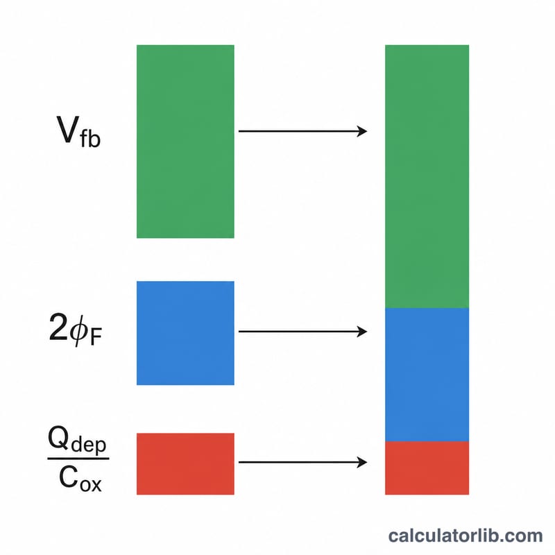 Band-diagram style illustration of MOSFET threshold voltage as sum of flat-band voltage, Fermi term and depletion charge term