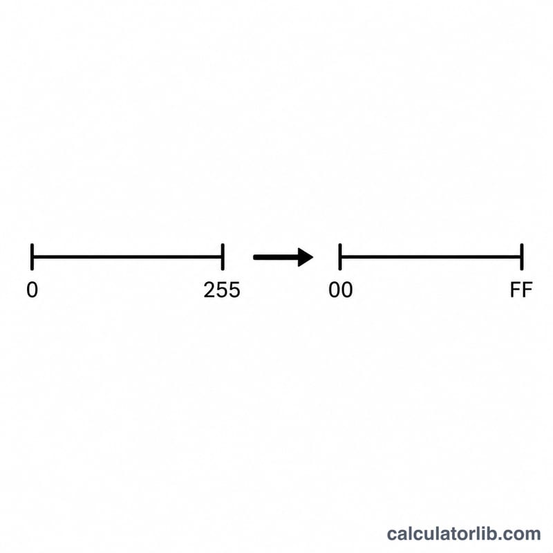 One color channel value 0 to 255 mapping to a two-digit hex pair 00 to FF