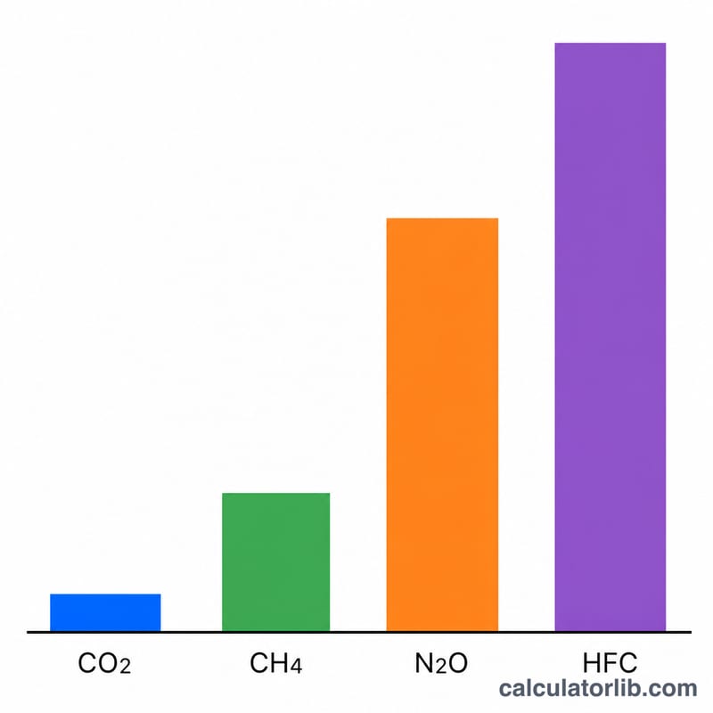 CO2, मीथेन, नाइट्रस ऑक्साइड और एक HFC की सापेक्ष 100-वर्षीय GWP मात्रा दर्शाती बार तुलना