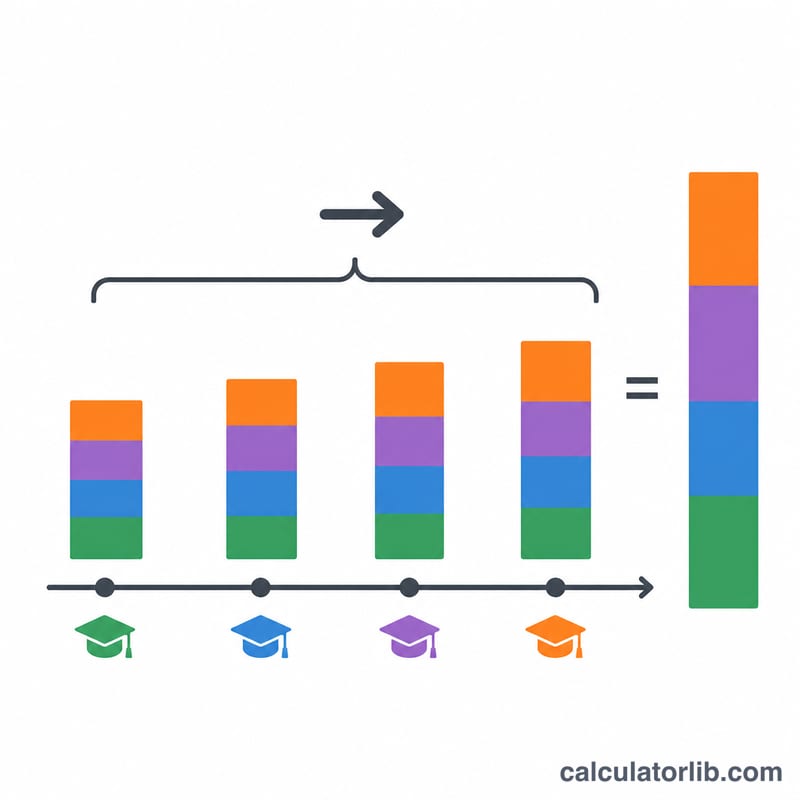 Four rising yearly tuition bars summed into one total program cost stack