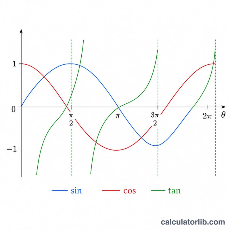 Graphs of sine, cosine and tangent functions over an interval in radians