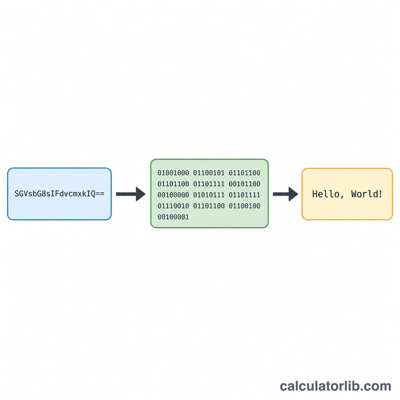 Pipeline showing a Base64 string converted through bits into plain text