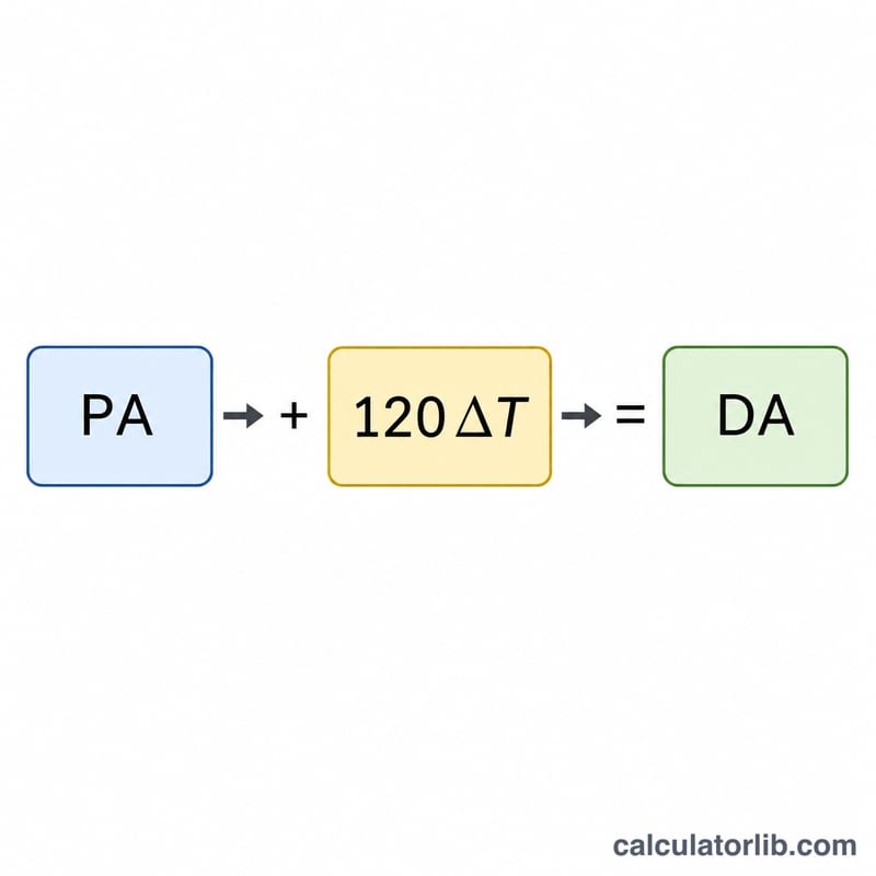 Diagram of density altitude formula combining pressure altitude and temperature deviation from ISA