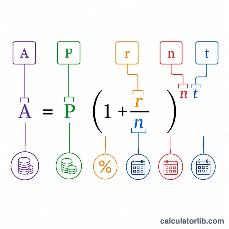 複利の公式 A＝P×(1＋r/n)^(nt) の各変数にラベルを付けた図
