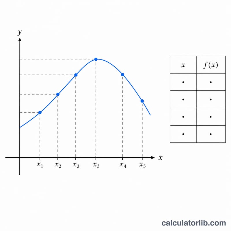 y = f(x)의 매끄러운 곡선과 표본점, x 및 f(x) 값 표