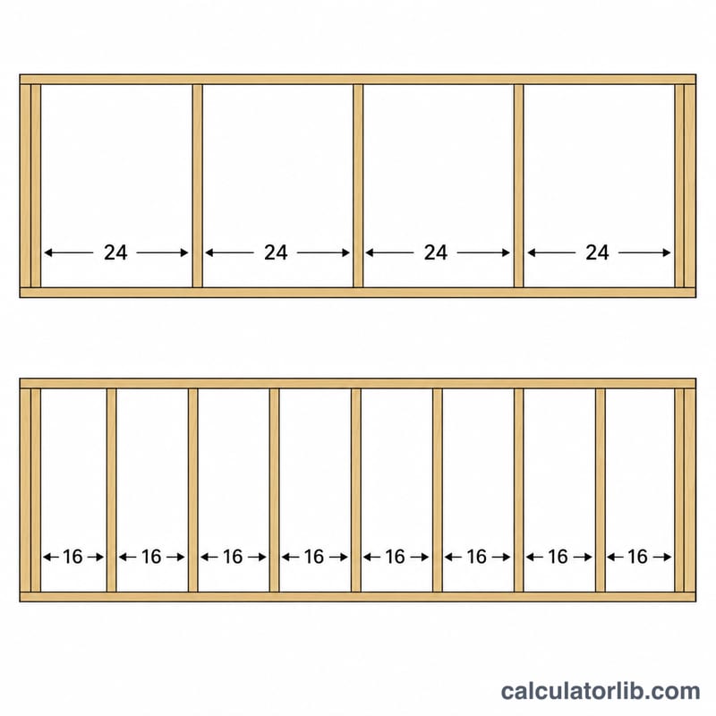 Two wall frames of equal length, one with 24-inch spacing and fewer studs, one with 16-inch spacing and more studs